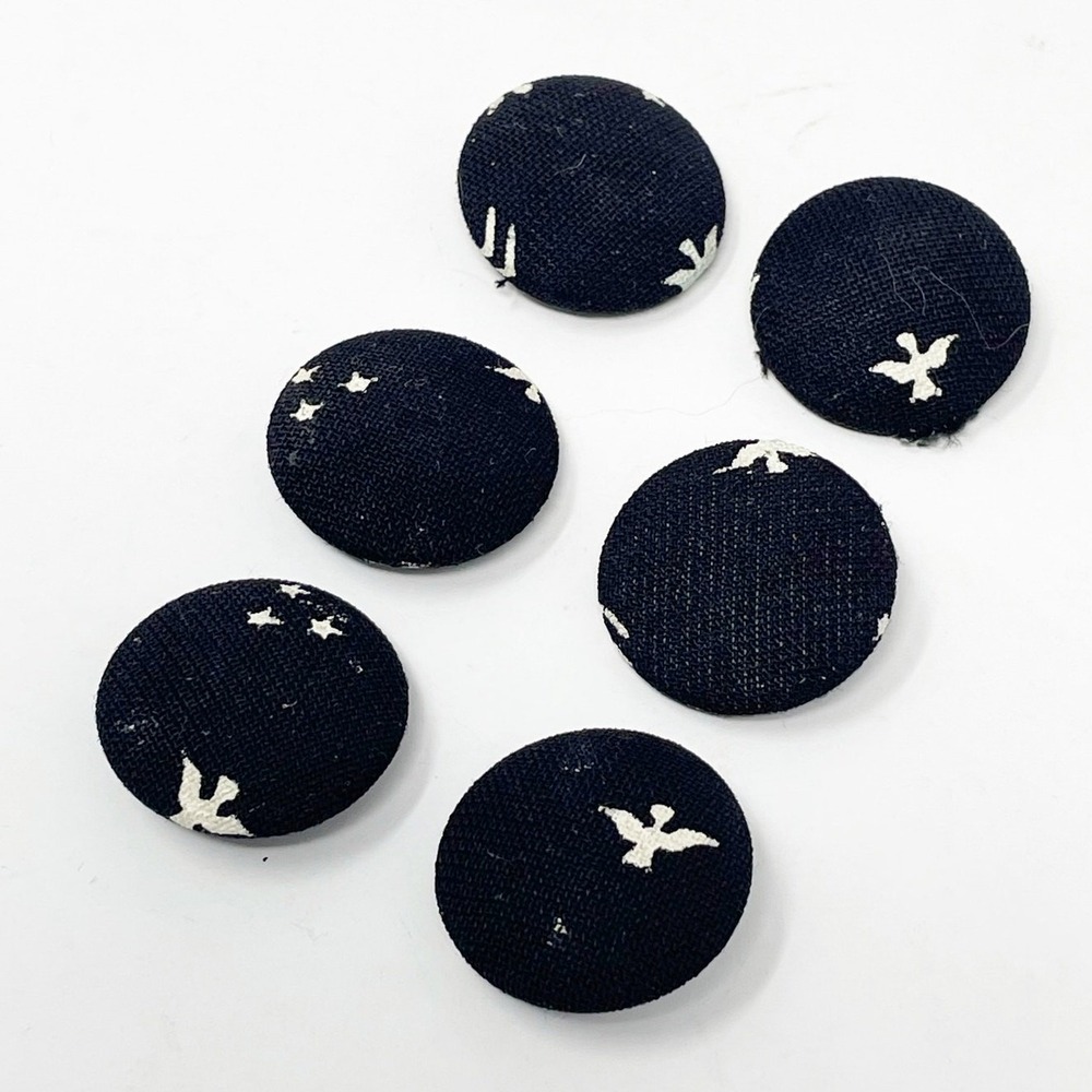 Vintage Mid Century Black Fabric Covered Buttons with White Doves Birds Set of 6